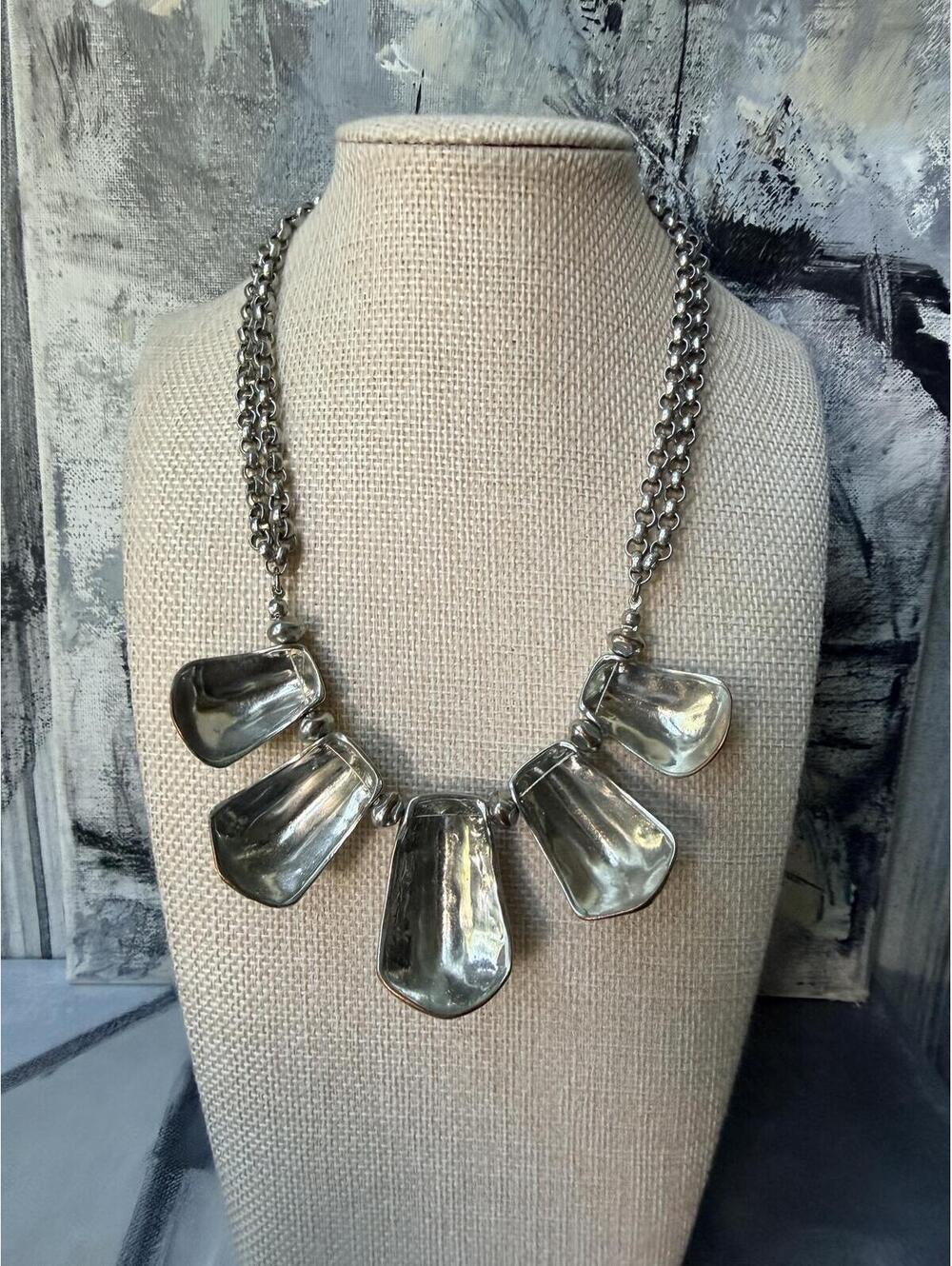 Chico's Silver Tone Statement Necklace Geometric Hammered - Picture 3 of 8